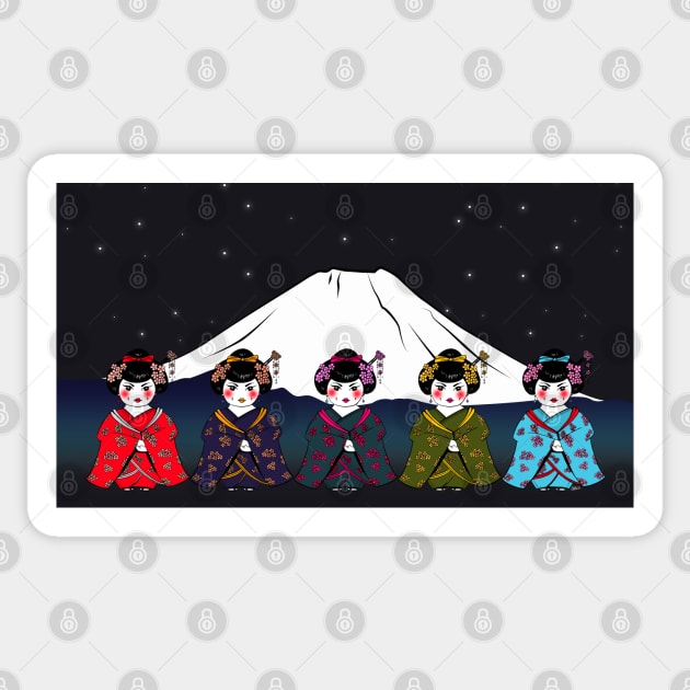 Tiny Geishas under Mt. Fuji Sticker by EshiPaints